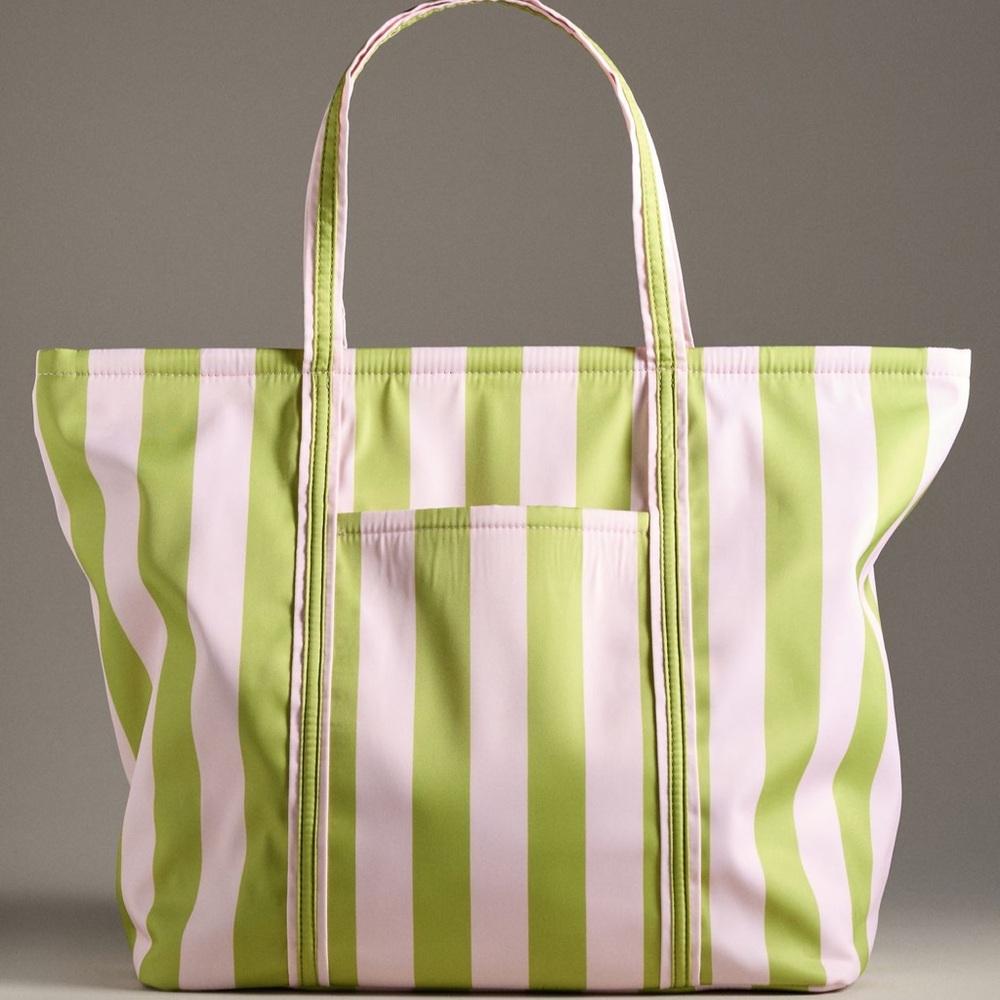 Anthropologie Striped Printed Tote Bag Travel Beach  Carry All ! Green & White